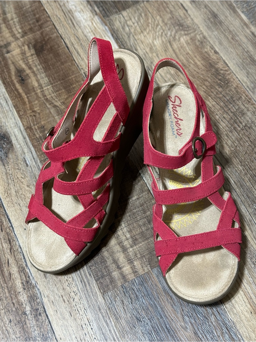 Skechers Suede Red Multi-Strap Wedge Sandals